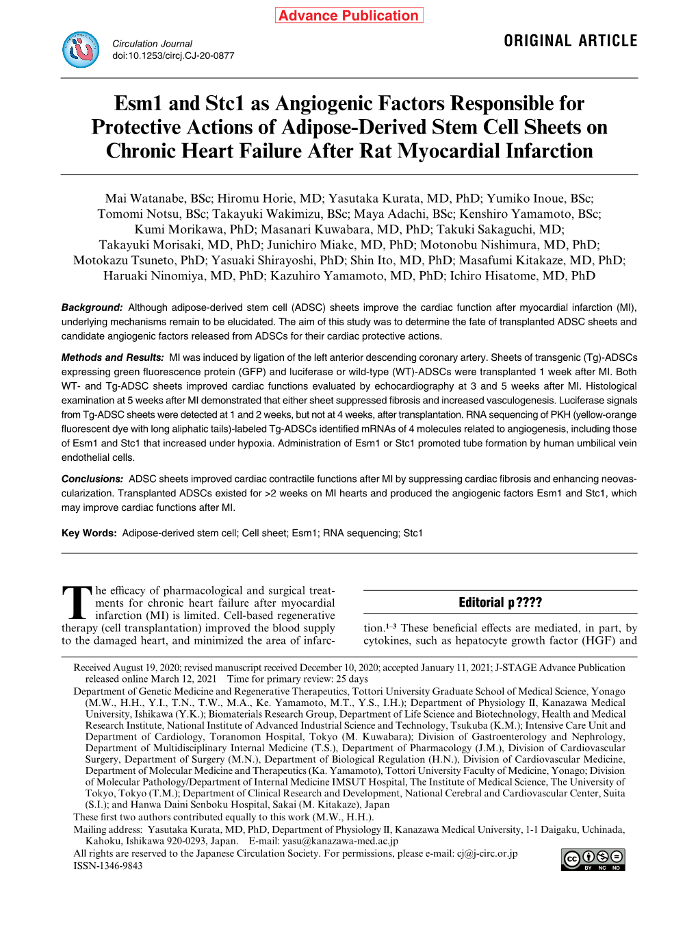 Esm1 and Stc1 As Angiogenic Factors Responsible for Protective Actions of Adipose-Derived Stem Cell Sheets on Chronic Heart Failure After Rat Myocardial Infarction