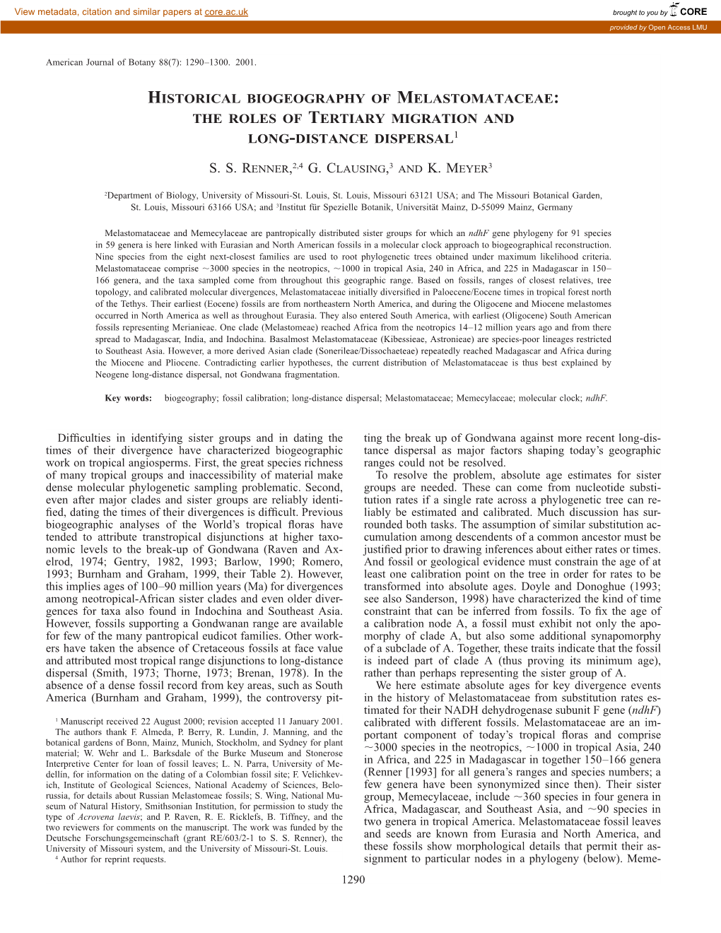 Historical Biogeography of Melastomataceae: the Roles of Tertiary Migration and Long-Distance Dispersal1