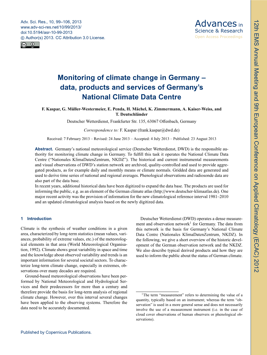 Monitoring of Climate Change in Germany–Data, Products And