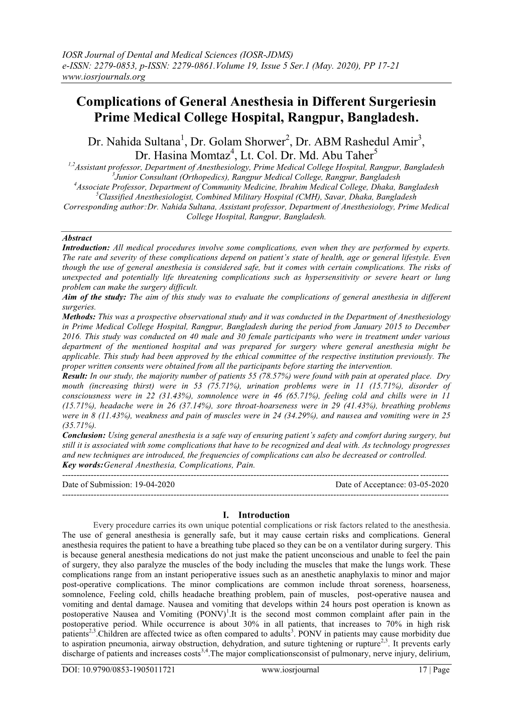 Complications of General Anesthesia in Different Surgeriesin Prime Medical College Hospital, Rangpur, Bangladesh