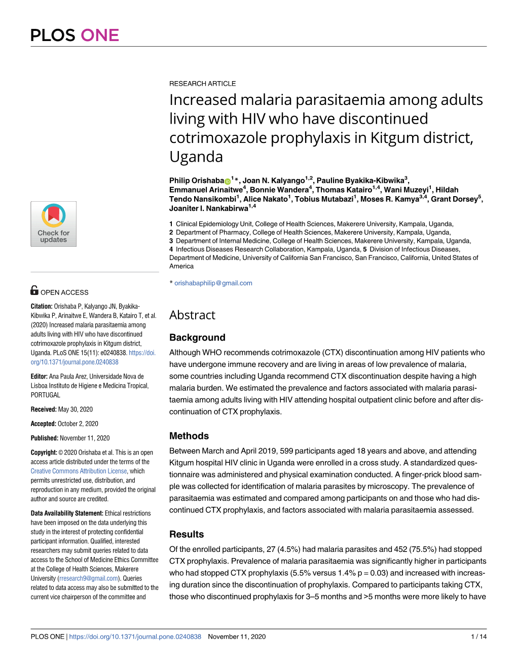 Increased Malaria Parasitaemia Among Adults Living with HIV Who Have Discontinued Cotrimoxazole Prophylaxis in Kitgum District, Uganda