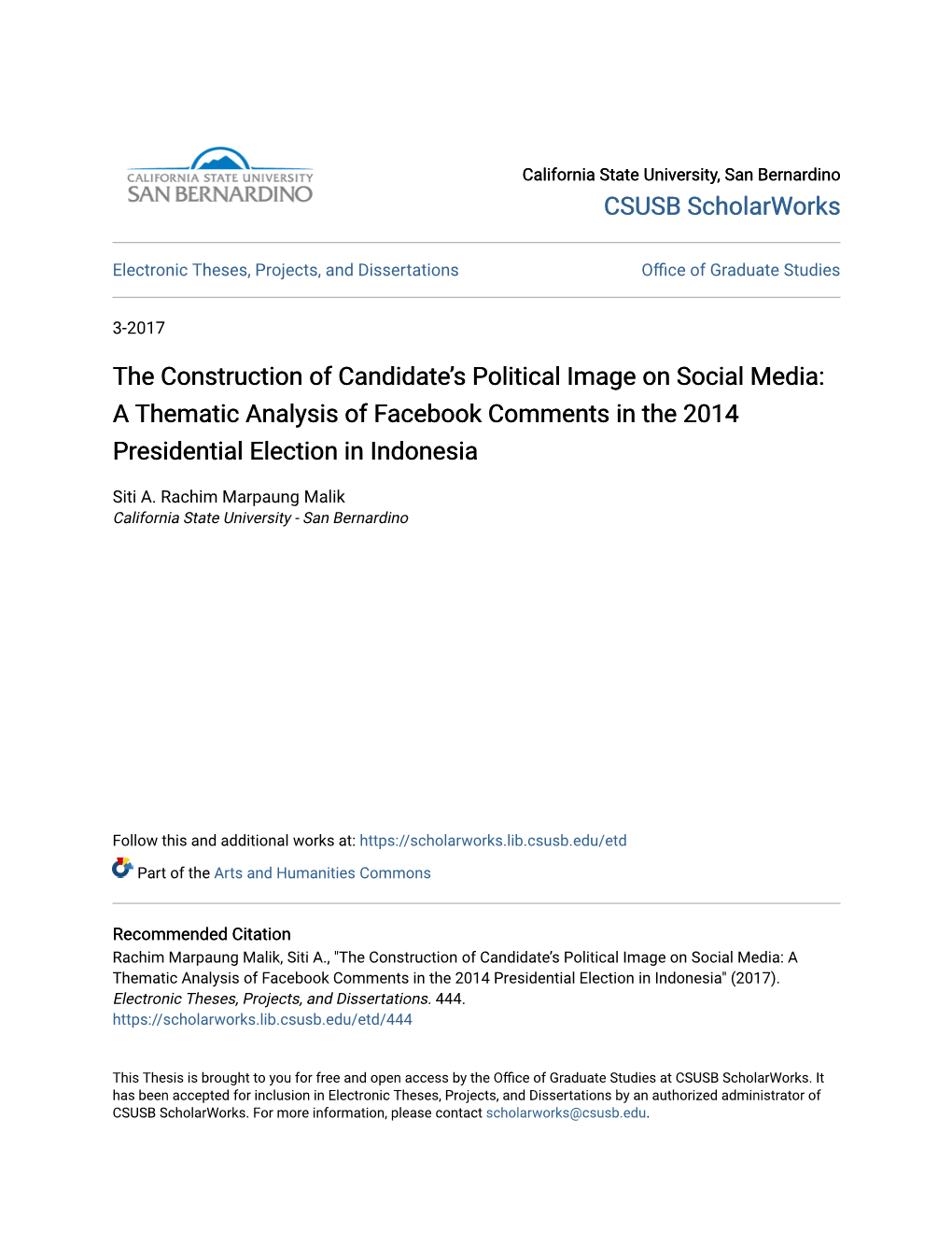 The Construction of Candidate's Political Image on Social Media: a Thematic Analysis of Facebook Comments in the 2014 Presiden