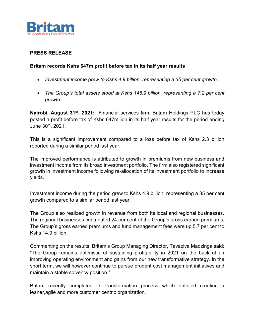 PRESS RELEASE Britam Records Kshs 647M Profit Before Tax in Its