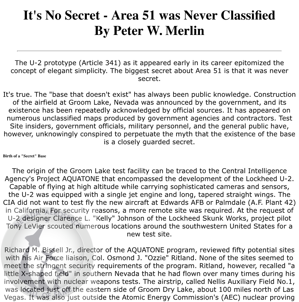 It's No Secret - Area 51 Was Never Classiﬁed by Peter W