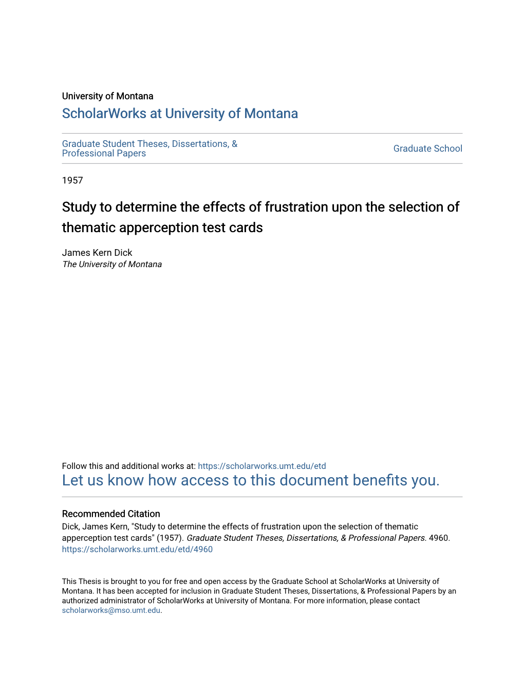 Study to Determine the Effects of Frustration Upon the Selection of Thematic Apperception Test Cards