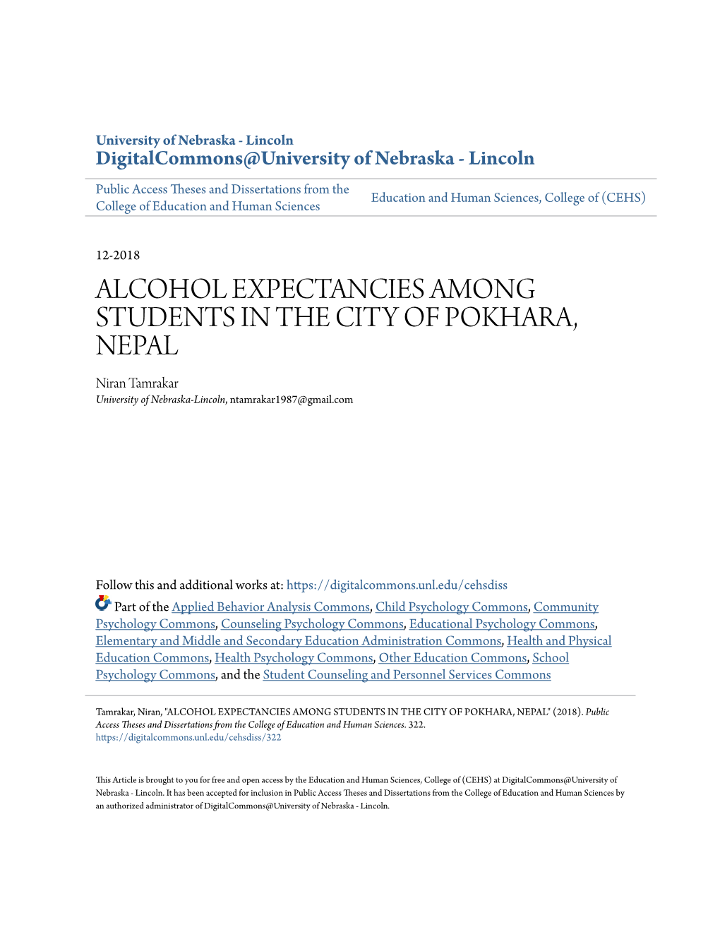 ALCOHOL EXPECTANCIES AMONG STUDENTS in the CITY of POKHARA, NEPAL Niran Tamrakar University of Nebraska-Lincoln, Ntamrakar1987@Gmail.Com