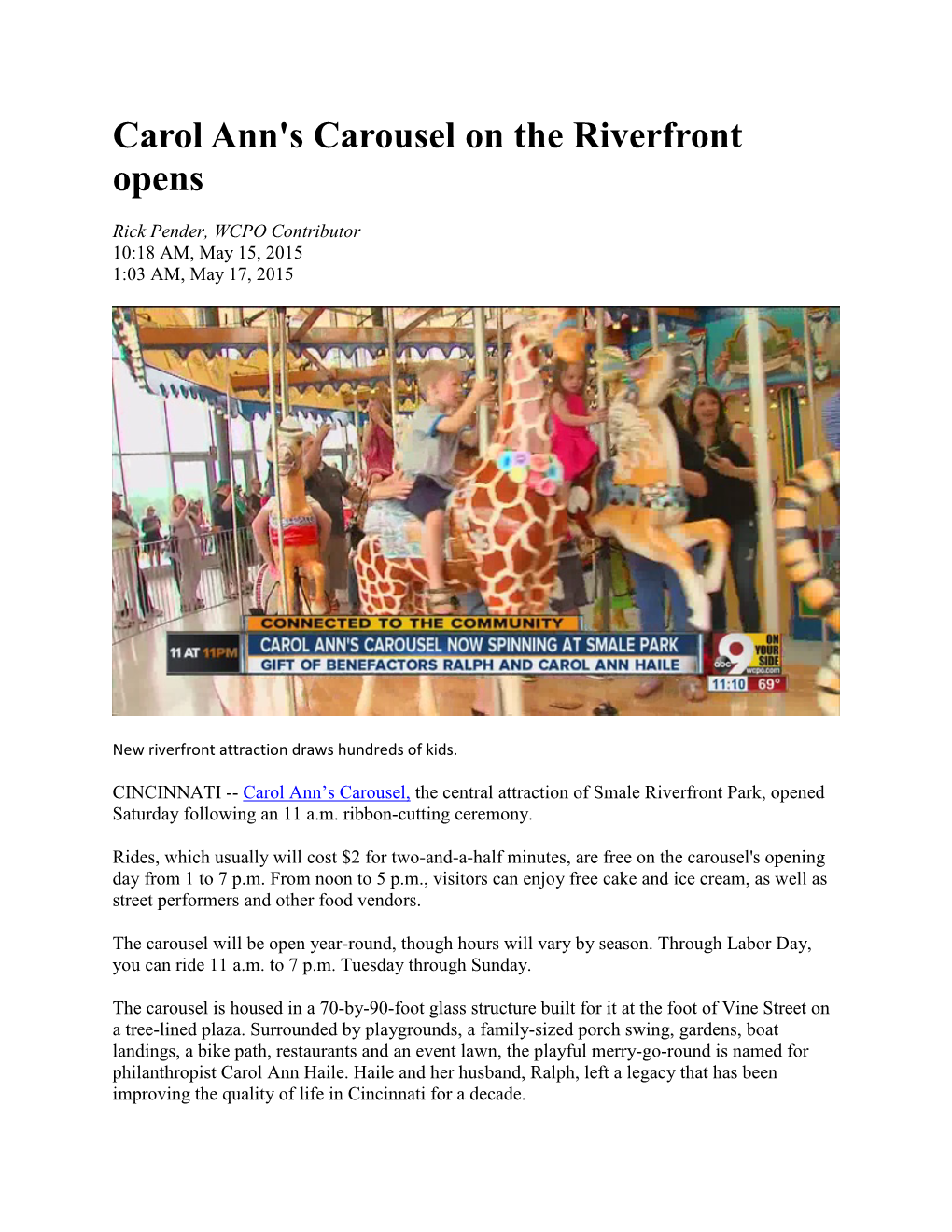Carol Ann's Carousel on the Riverfront Opens