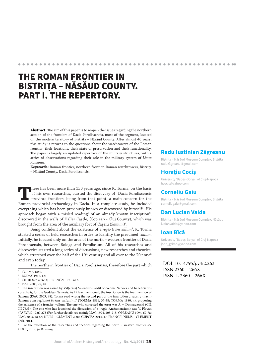 The Roman Frontier in Bistrița – Năsăud County. Part I