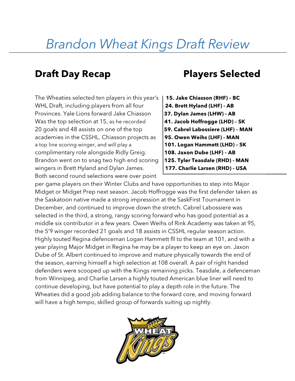 Brandon Wheat Kings Draft Review