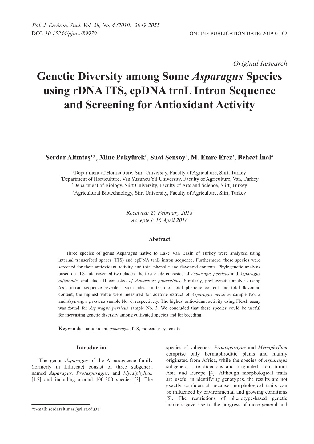 Genetic Diversity Among Some Asparagus Species Using Rdna ITS, Cpdna Trnl Intron Sequence and Screening for Antioxidant Activity