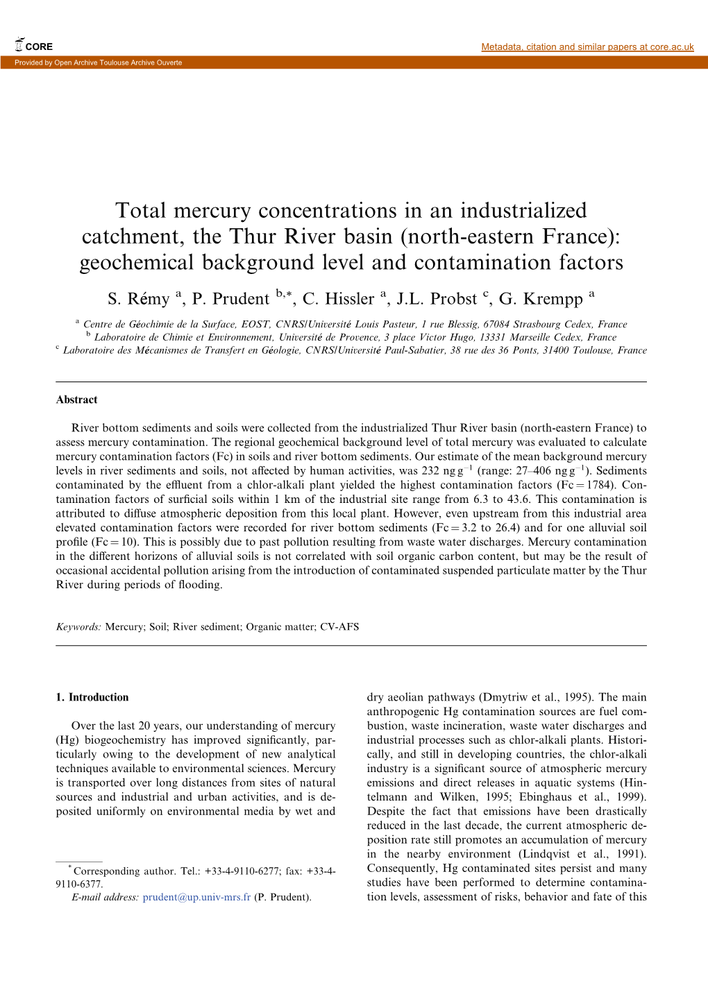 Total Mercury Concentrations in an Industrialized Catchment, the Thur River Basin (North-Eastern France): Geochemical Background Level and Contamination Factors