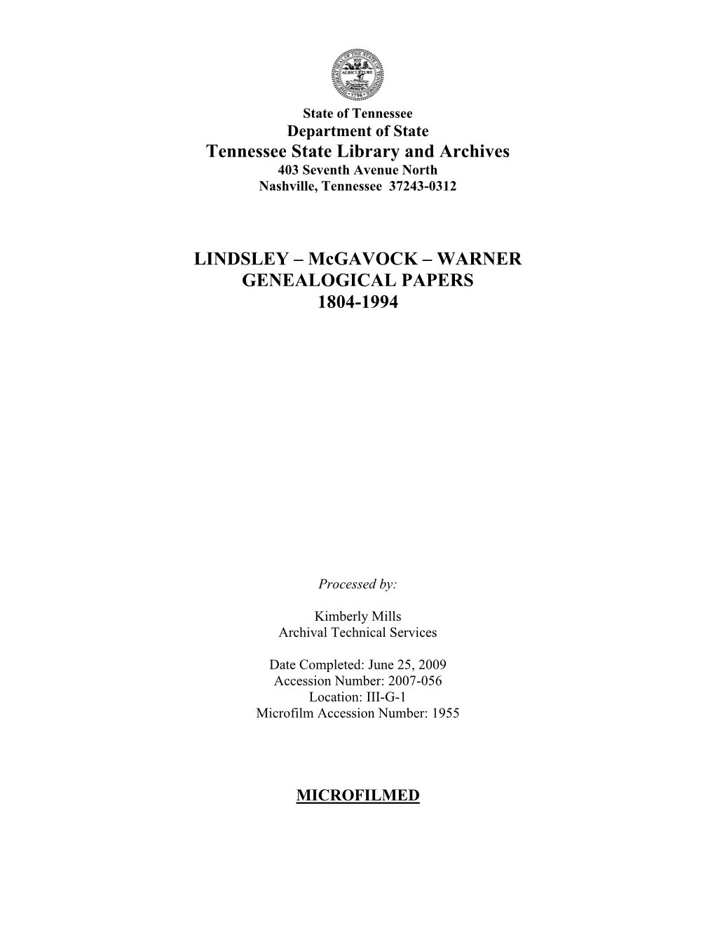 Tennessee State Library and Archives LINDSLEY – Mcgavock – WARNER GENEALOGICAL PAPERS 1804-1994