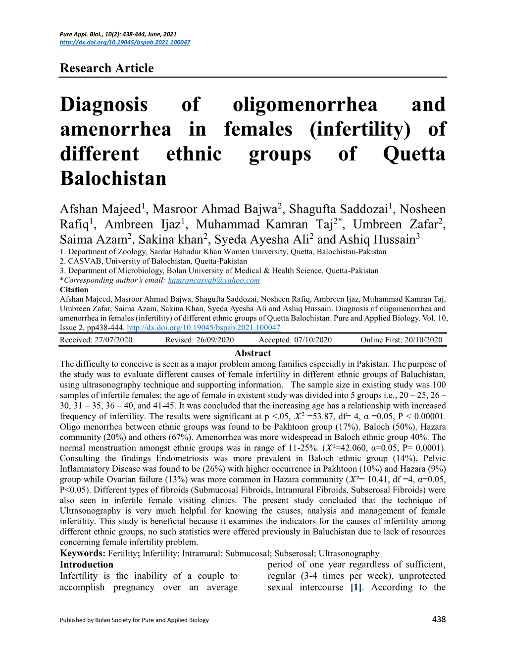 Infertility) of Different Ethnic Groups of Quetta Balochistan