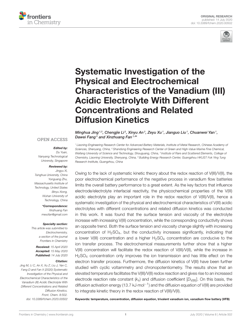 Systematic Investigation of the Physical and Electrochemical Characteristics of the Vanadium