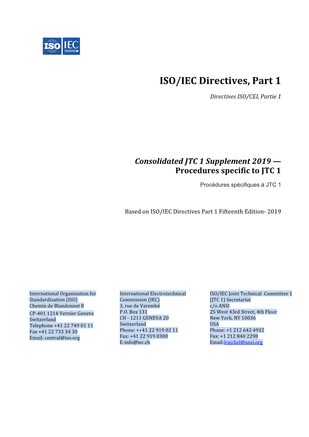 ISO/IEC Directives, Part 1 – Consolidated JTC 1 Supplement 2019