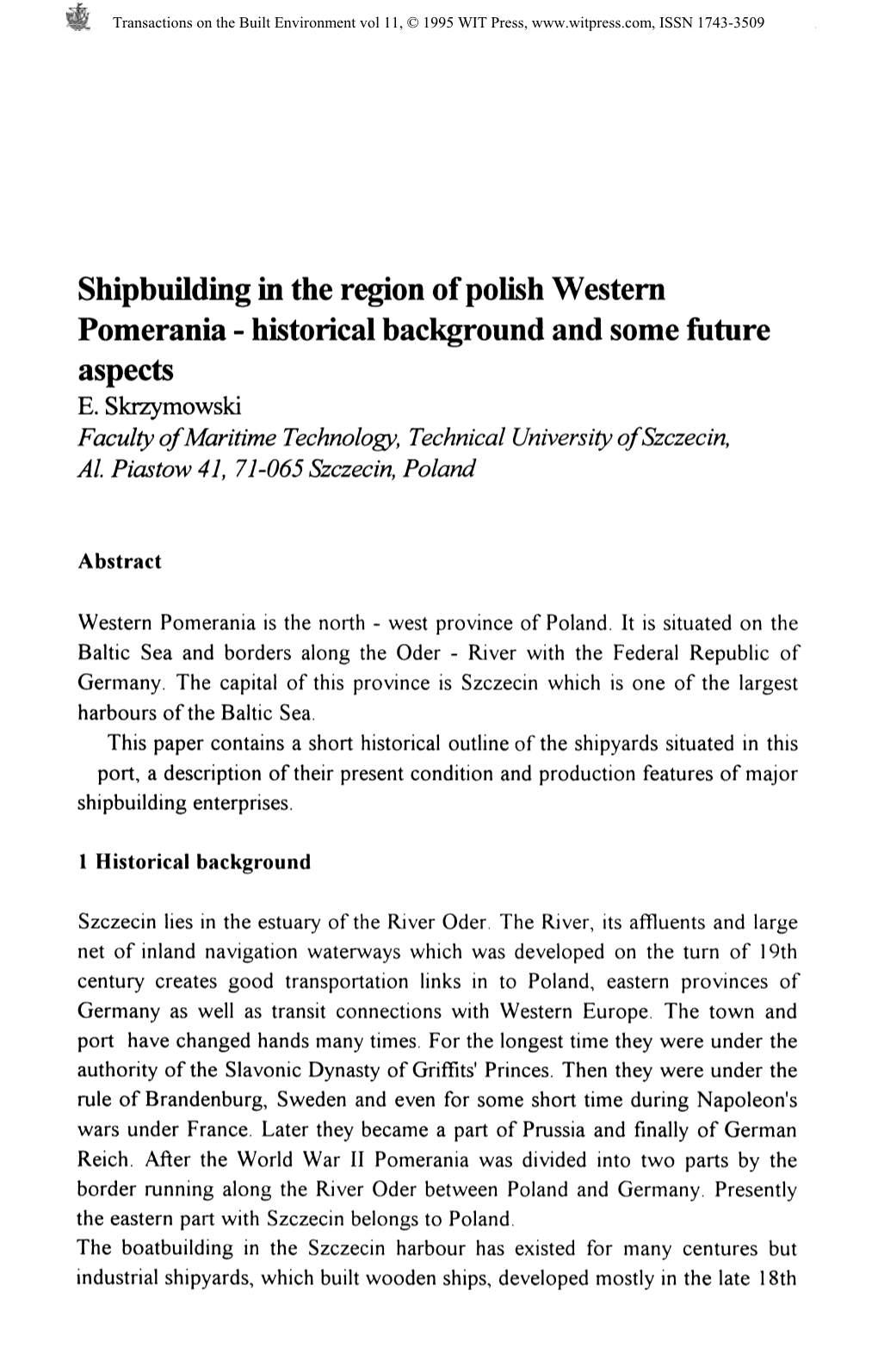 Shipbuilding in the Region of Polish Western Pomerania