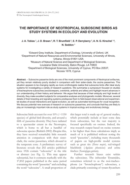 The Importance of Neotropical Suboscine Birds As Study Systems in Ecology and Evolution