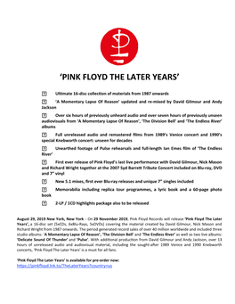 Pink Floyd the Later Years PR FINAL US Version Issue Date 8-29