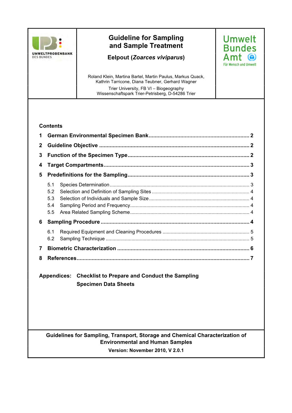 Guideline for Sampling and Sample Treatment : Eelpout (Zoarces