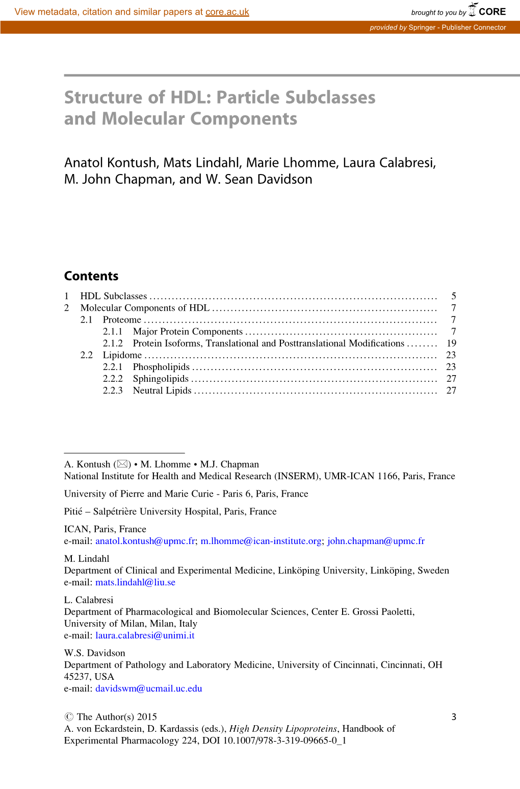 Structure of HDL: Particle Subclasses and Molecular Components