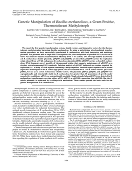 Genetic Manipulation of Bacillus Methanolicus, a Gram-Positive, Thermotolerant Methylotroph DAVID CUE,1† HONG LAM,1 RICHARD L
