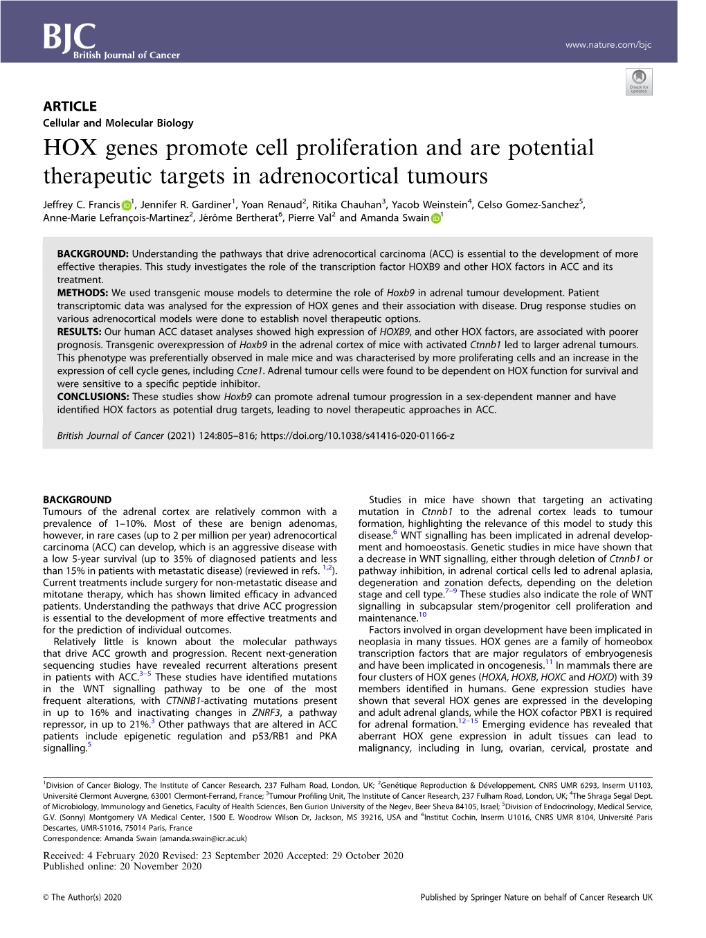 HOX Genes Promote Cell Proliferation and Are Potential Therapeutic Targets in Adrenocortical Tumours
