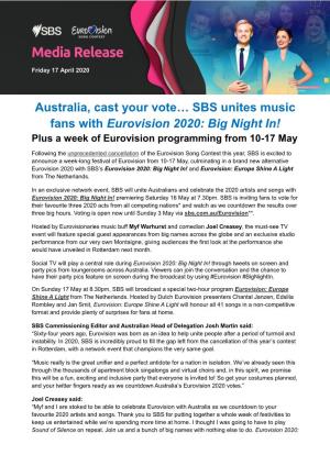 Australia, Cast Your Vote… SBS Unites Music Fans with Eurovision 2020: Big Night In! Plus a Week of Eurovision Programming from 10-17 May