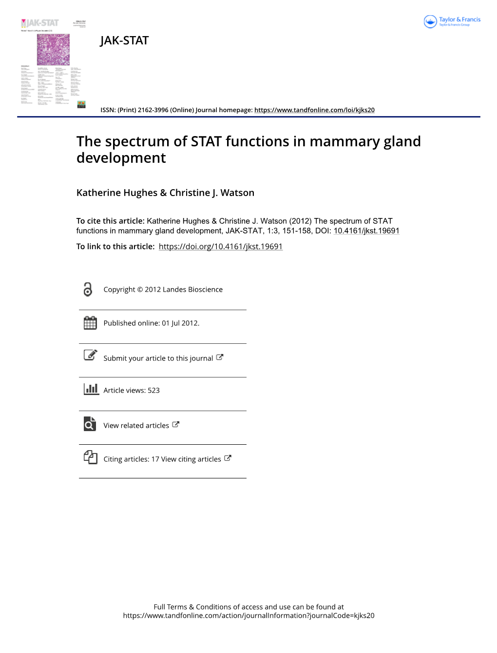 The Spectrum of STAT Functions in Mammary Gland Development