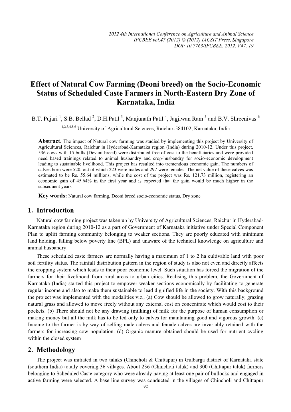 Effect of Natural Cow Farming (Deoni Breed) on the Socio-Economic Status of Scheduled Caste Farmers in North-Eastern Dry Zone of Karnataka, India