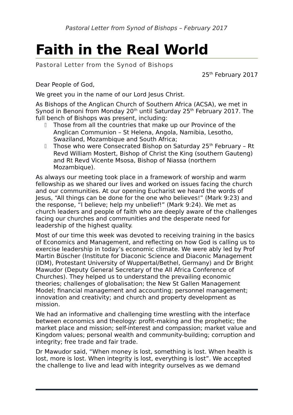 Bishops' Statement