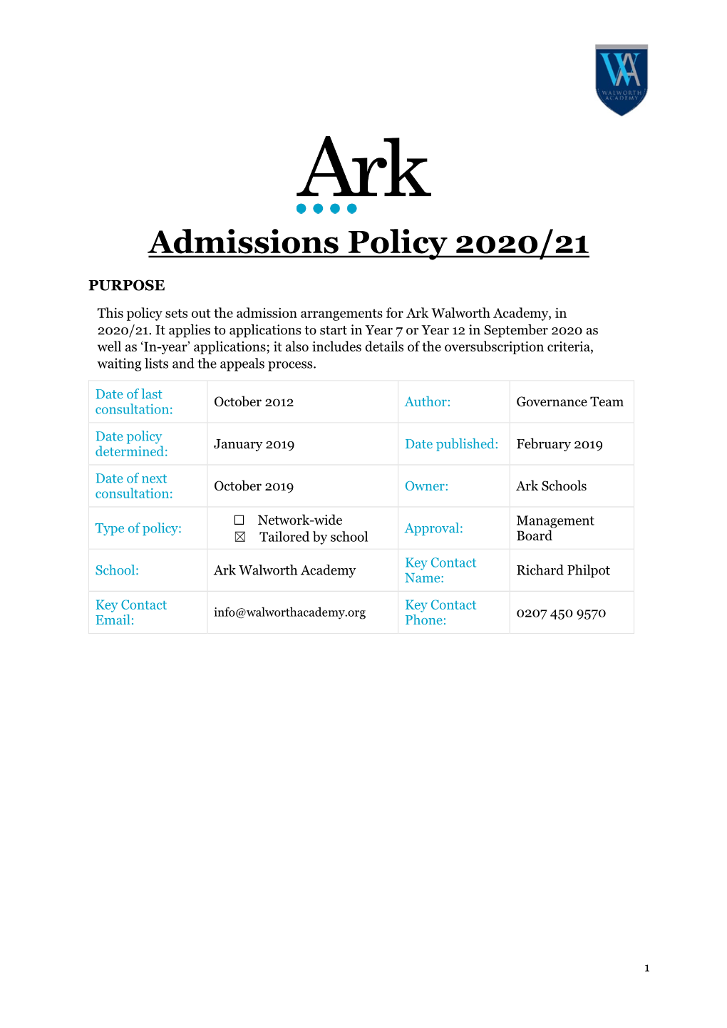 Admissions Policy 2020/21