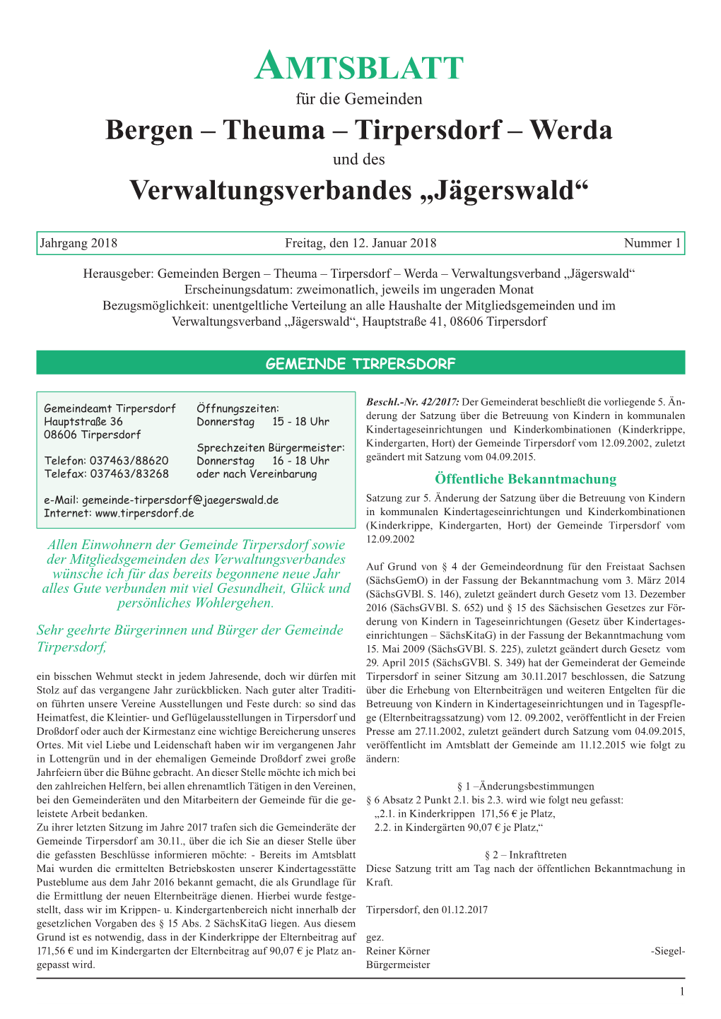 Amtsblatt Für Die Gemeinden Bergen – Theuma – Tirpersdorf – Werda Und Des Verwaltungsverbandes „Jägerswald“