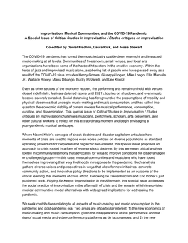 Improvisation, Musical Communities, and the COVID-19 Pandemic: a Special Issue of Critical Studies in Improvisation / Études Critiques En Improvisation ​