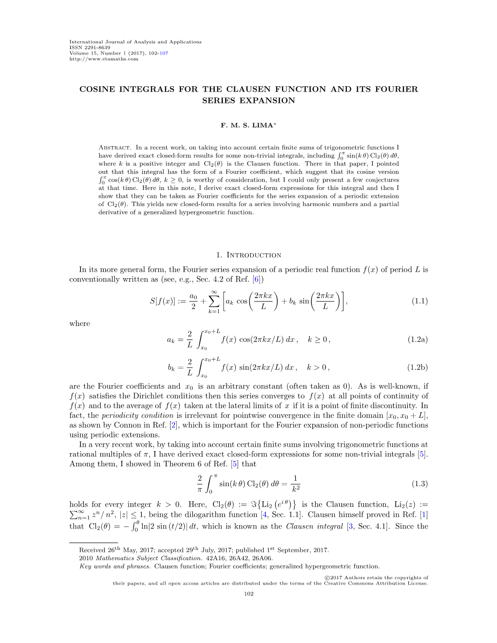 Cosine Integrals for the Clausen Function and Its Fourier Series Expansion