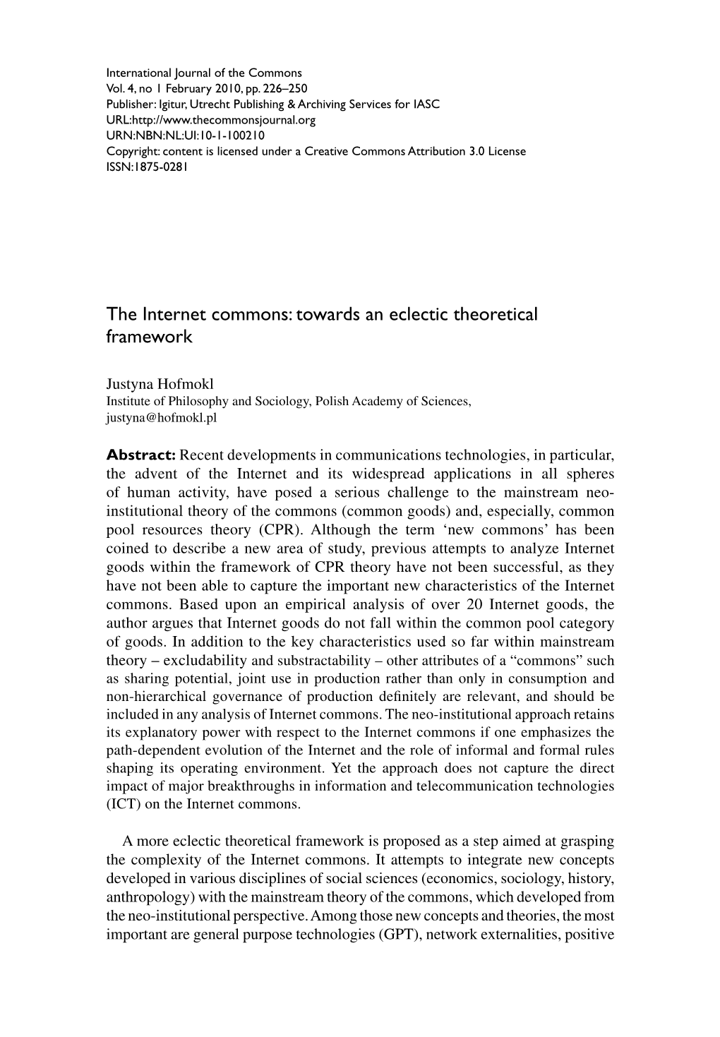 The Internet Commons: Towards an Eclectic Theoretical Framework