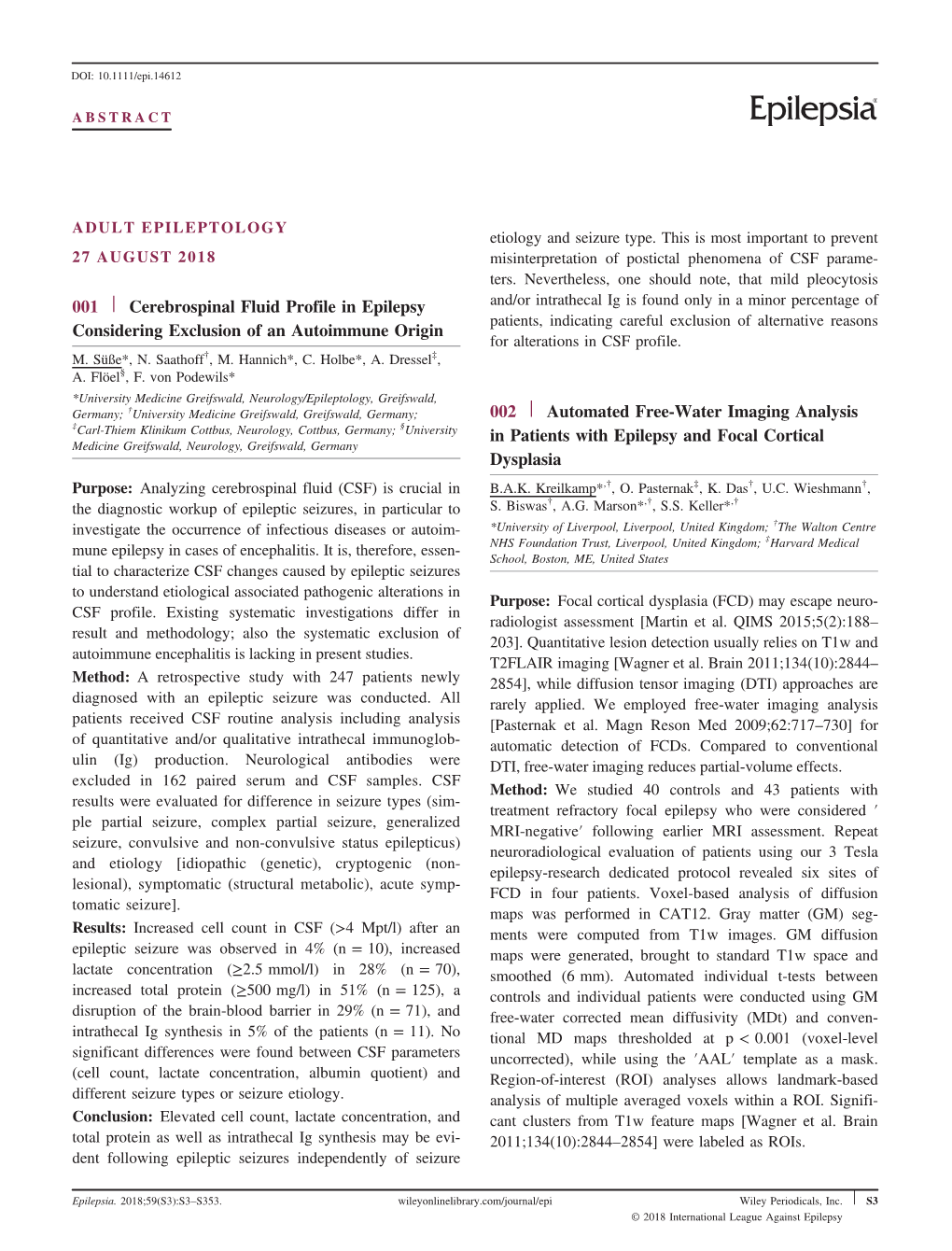 001 | Cerebrospinal Fluid Profile in Epilepsy Considering Exclusion Of