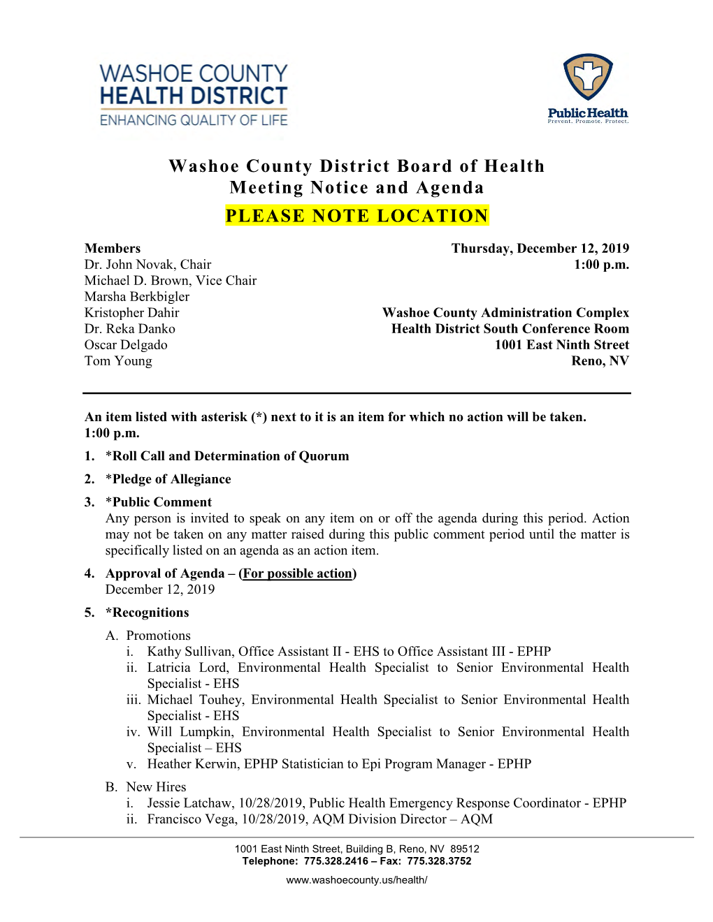 Washoe County District Board of Health Meeting Notice and Agenda PLEASE NOTE LOCATION