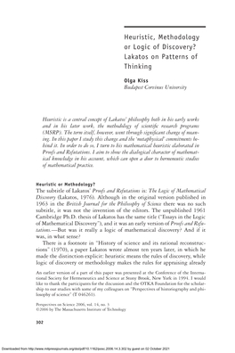 Heuristic, Methodology Or Logic of Discovery? Lakatos on Patterns of Thinking