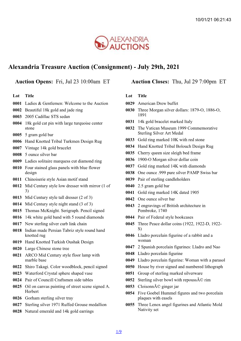 Alexandria Treasure Auction (Consignment) - July 29Th, 2021