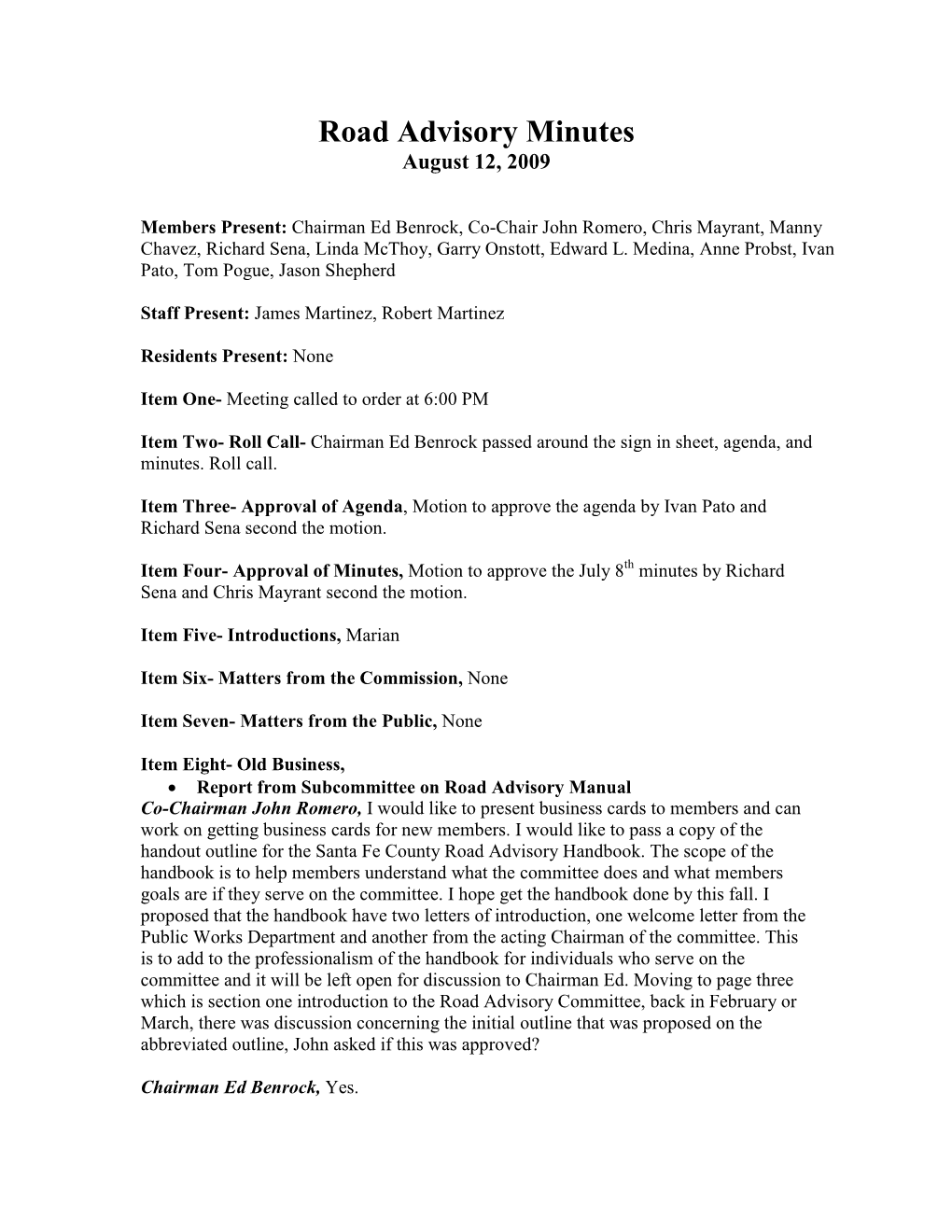 Road Advisory Minutes August 12, 2009