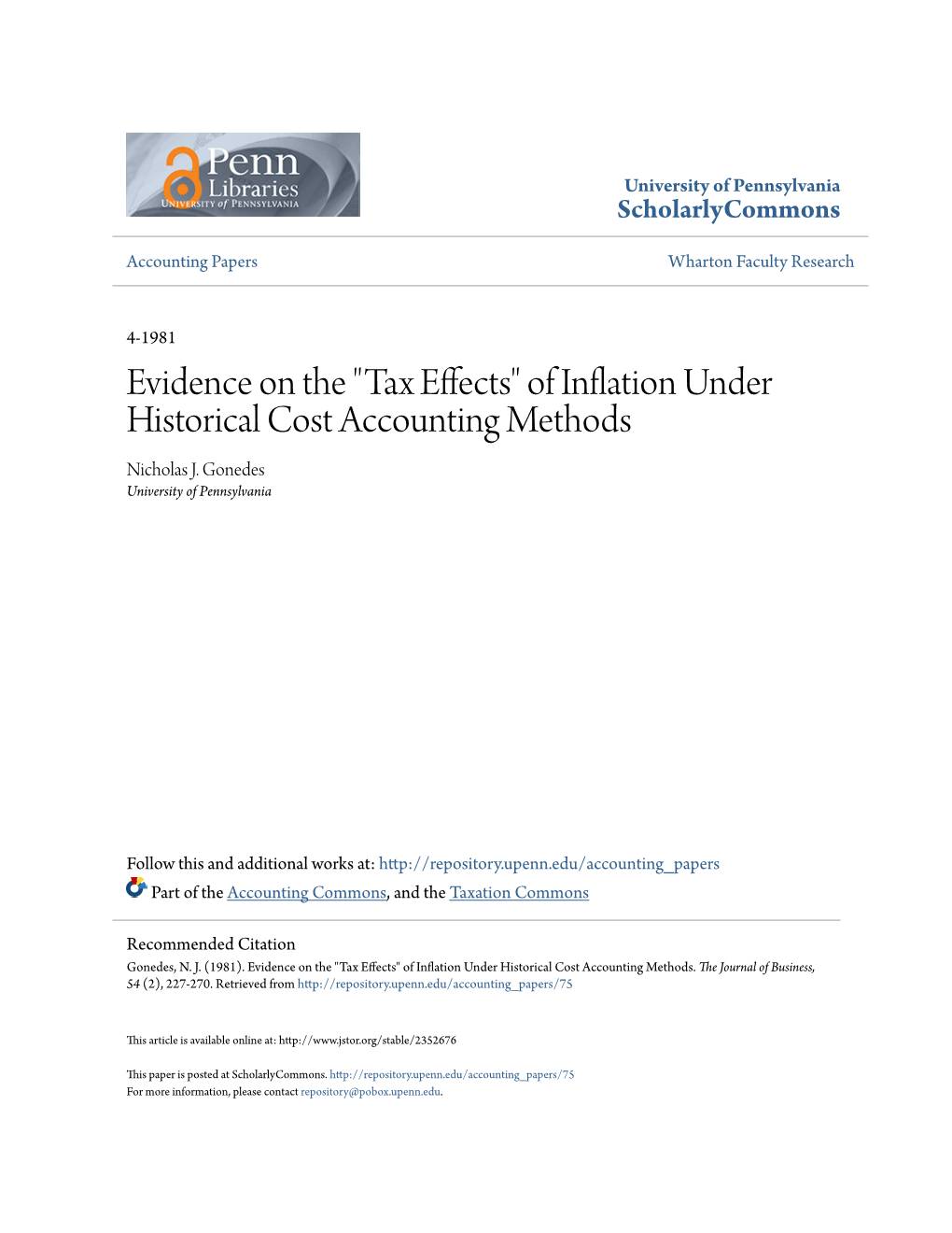 Of Inflation Under Historical Cost Accounting Methods Nicholas J