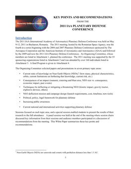 Key Points and Recommendations from the 2011 Iaa Planetary Defense Conference