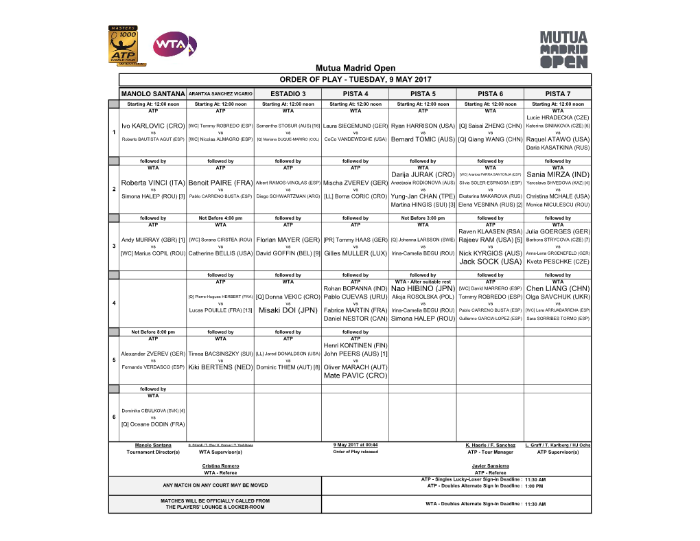 Mutua Madrid Open ORDER of PLAY - TUESDAY, 9 MAY 2017