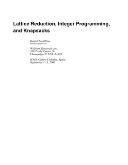 Lattice Reduction, Integer Programming, and Knapsacks