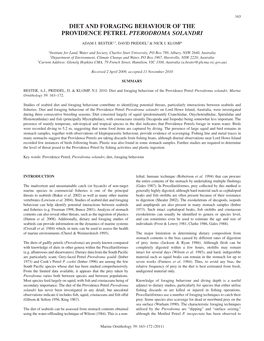 Diet and Foraging Behaviour of the Providence Petrel Pterodroma Solandri