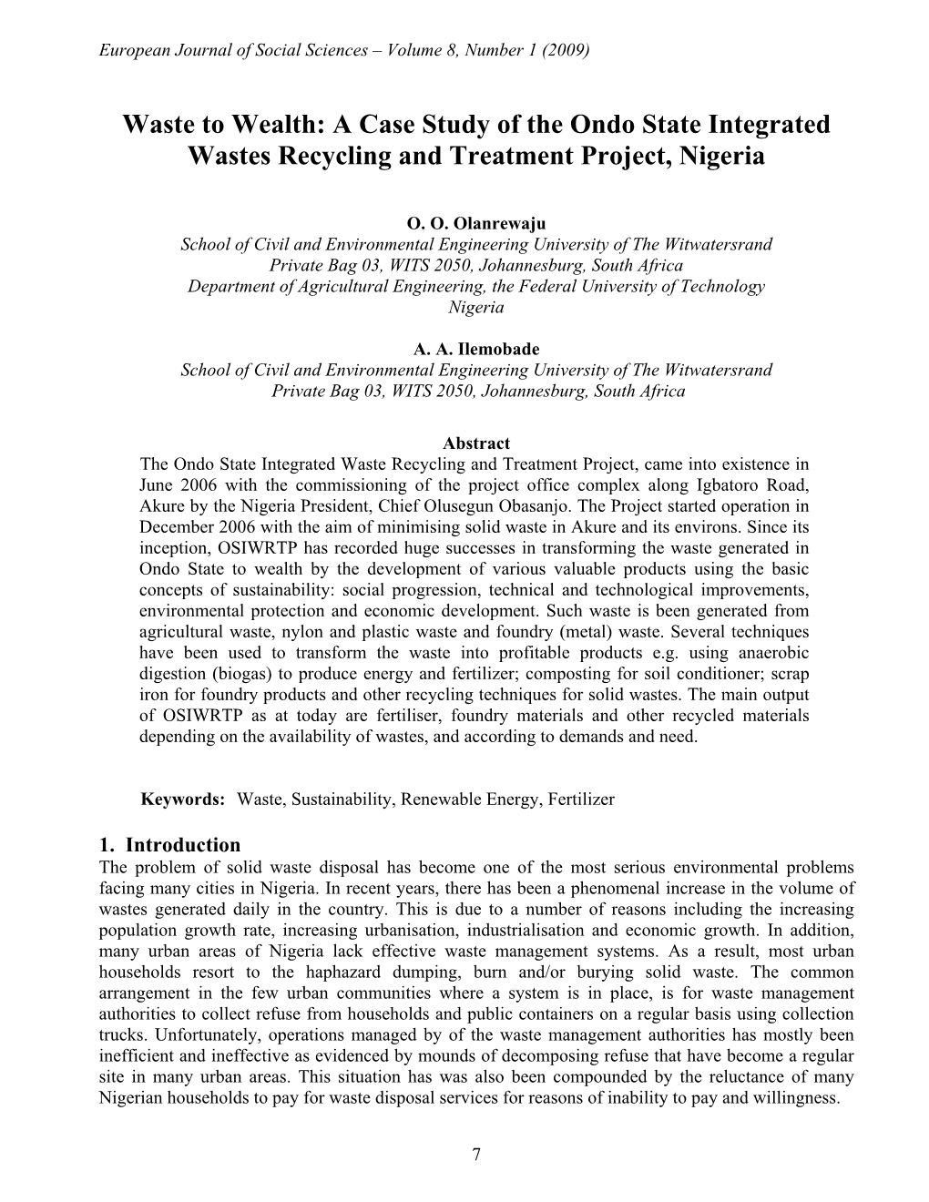 Waste to Wealth: a Case Study of the Ondo State Integrated Wastes Recycling and Treatment Project, Nigeria