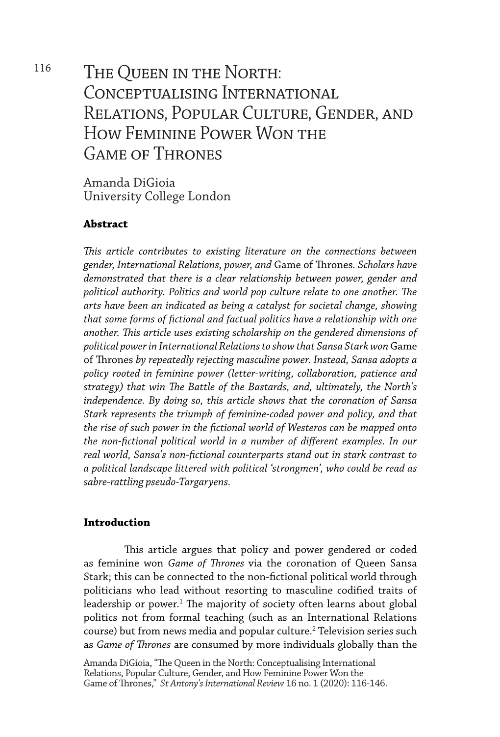 Conceptualising International Relations, Popular Culture, Gender, and How Feminine Power Won the Game of Thrones Amanda Digioia University College London