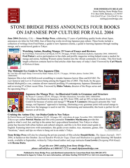 Stone Bridge Press Announces Four Books on Japanese Pop Culture for Fall 2004
