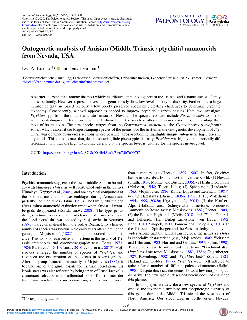 Ontogenetic Analysis of Anisian (Middle Triassic) Ptychitid Ammonoids from Nevada, USA