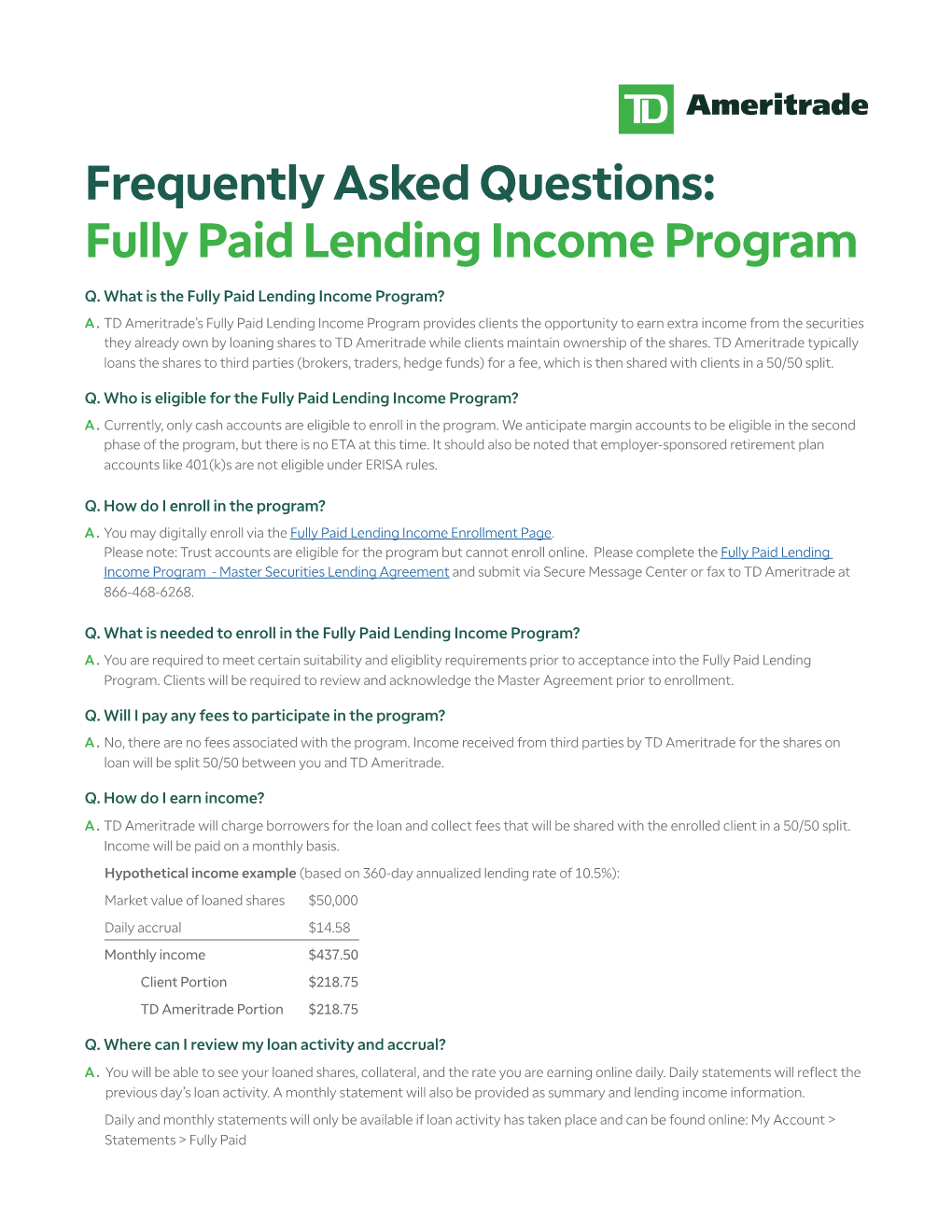 Fully Paid Lending Income Program FAQ-TDA 0521